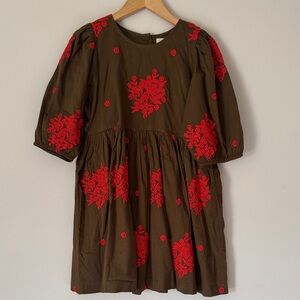 Brown Dress with Red Floral Embroidery